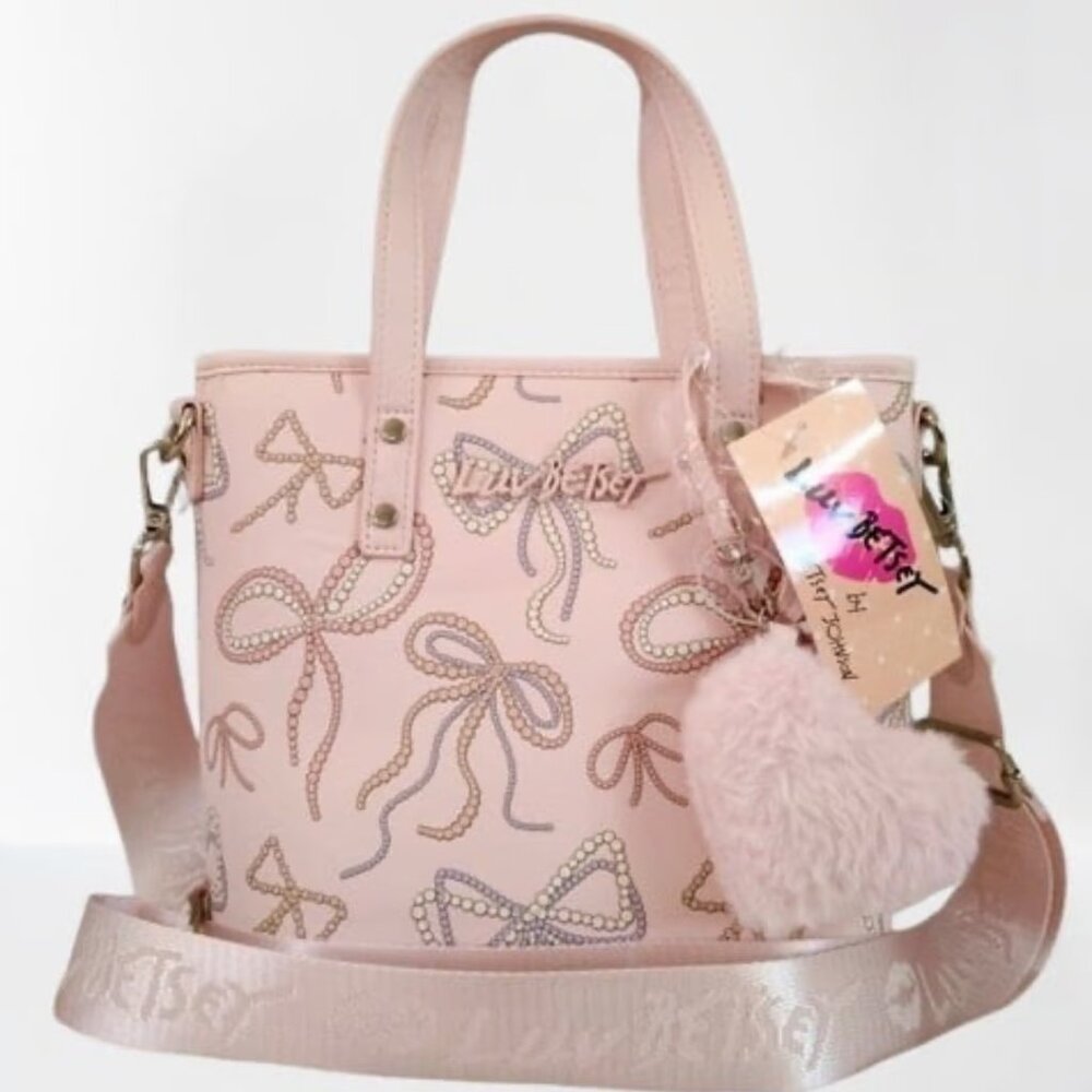 Betsey Johnson Pink Bow Print Tote with Heart Pom Charm